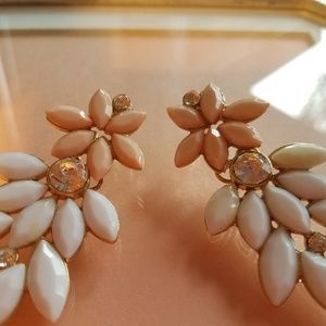 Peach, White and Rhinestone Gold Tone Earrings